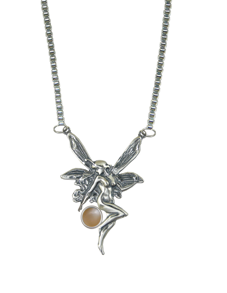 Sterling Silver Victorian Winged Fairy Necklace With Peach Moonstone